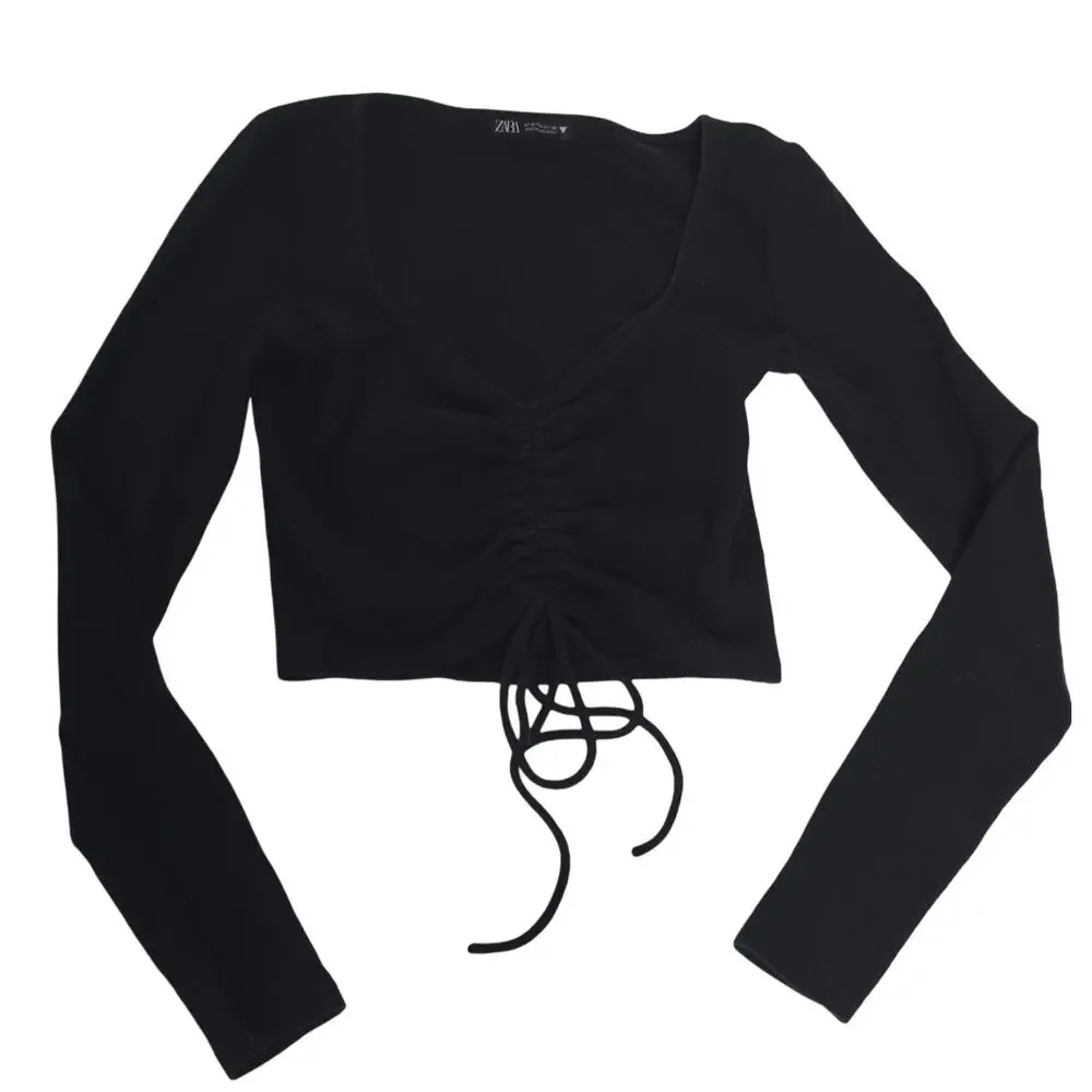 ZARA Black Ribbed Ruched Drawstring Crop Top Long Sleeve Women's Size M Coquette